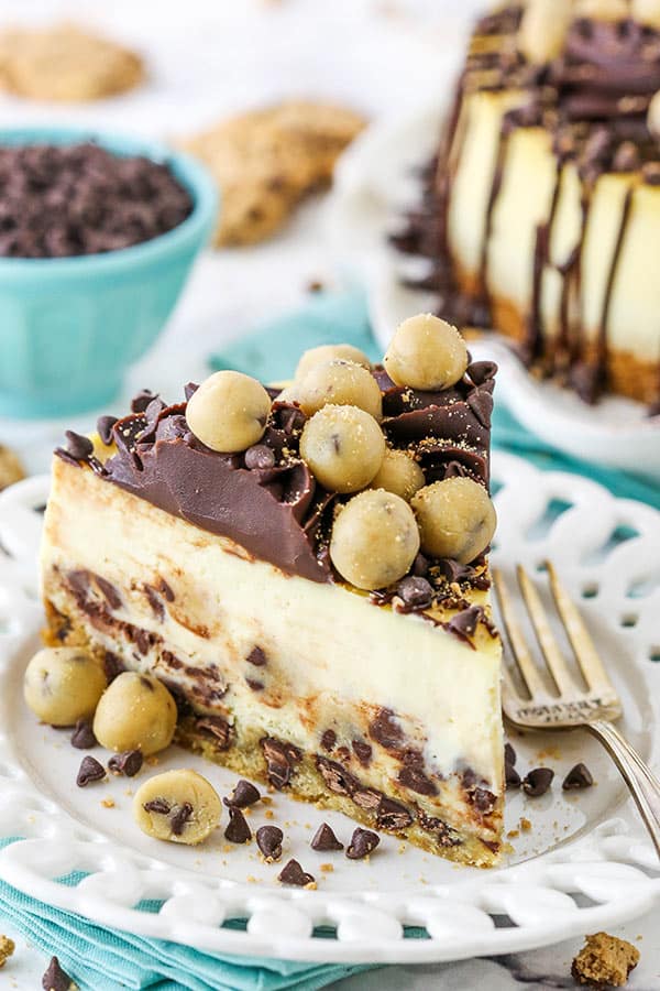 pinterest image for chocolate chip cookie dough cheesecake