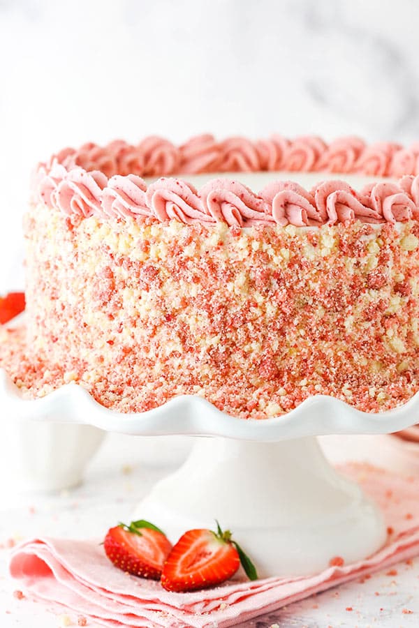 Pinterest image for strawberry crunchie ice cream cake