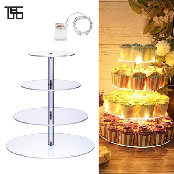 4 Tier Acrylic Cupcake Display Stand with LED String Lights - Round
