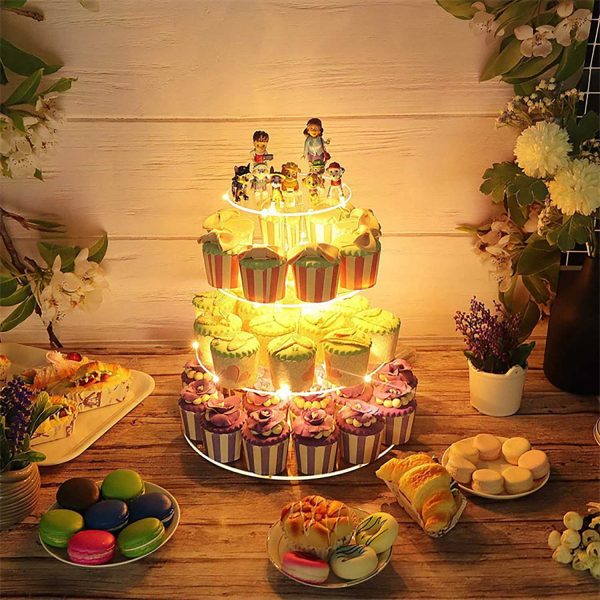 4 Tier Acrylic Cupcake Display Stand with LED String Lights - Round