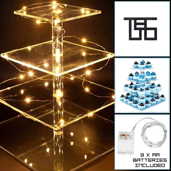 4 Tier Acrylic Cupcake Display Stand with LED Lights - Square