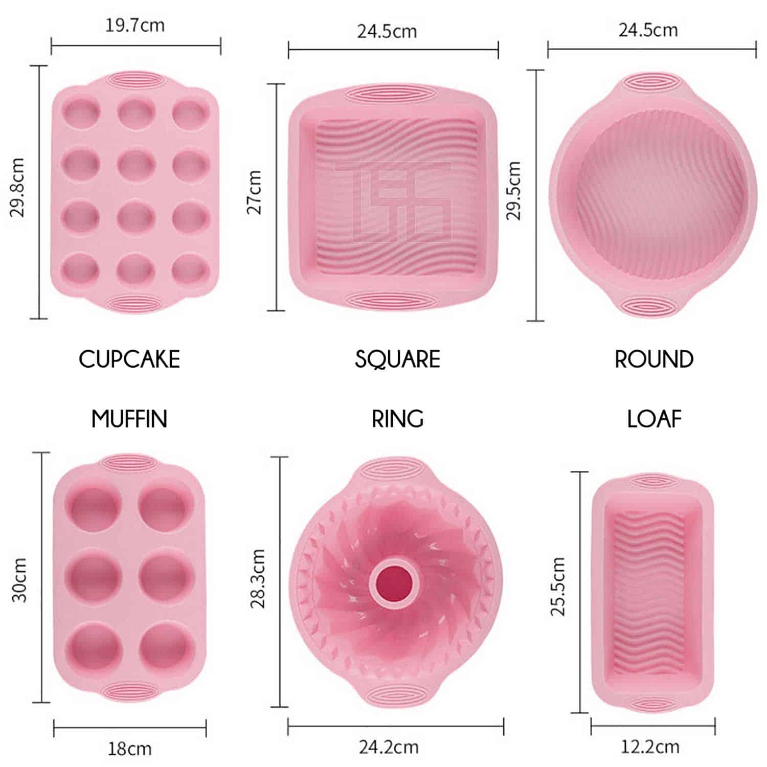 6 Piece Pink Silicone Baking Mould Set